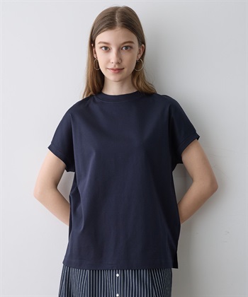 モックネックスムースTシャツ【接触冷感・吸水速乾】(ネイビー-M)
