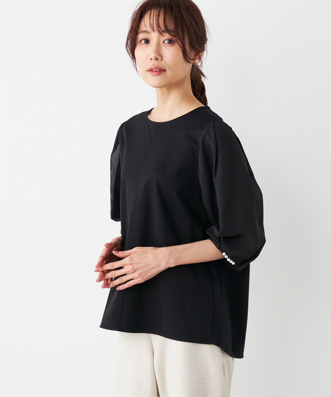 A/C DESIGN BY ALPHA CUBIC パール使いパフスリーブTシャツ_variation_1