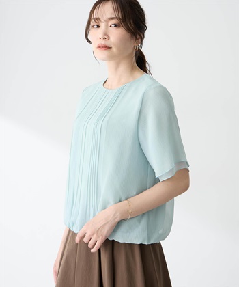 シフォンプリーツTブラウス(グリーン-M)