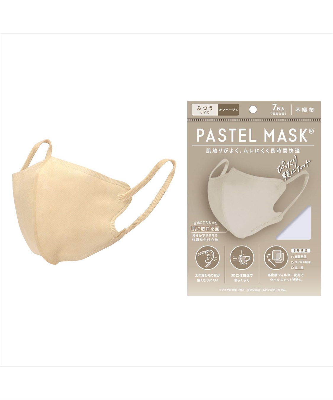 PASTEL MASK PASTELMASK　不織布 7枚入り 個包装使い捨て立体マスク シルクタッチ生地 肌にやさしい BFE PFE VFE 99％カット 美シルエット 三層構造_variation_8