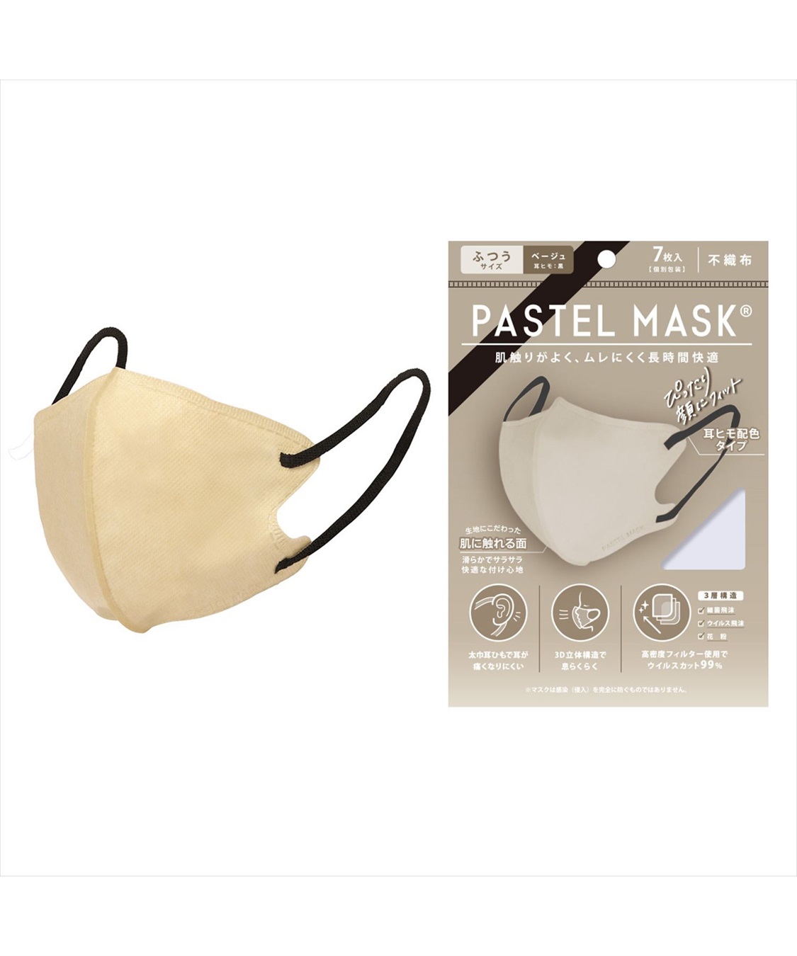 PASTEL MASK PASTELMASK　不織布 7枚入り 個包装使い捨て立体マスク シルクタッチ生地 肌にやさしい BFE PFE VFE 99％カット 美シルエット 三層構造_variation_9