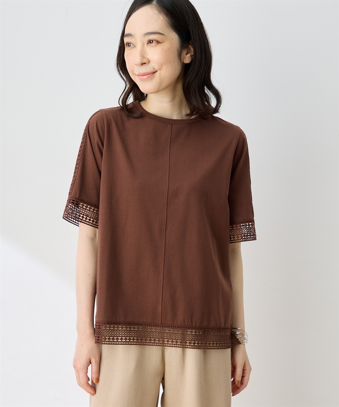 DECOY 【ひやさらコットン】レースドッキングTシャツ【綿100％・接触冷感・UVカット】_variation_1