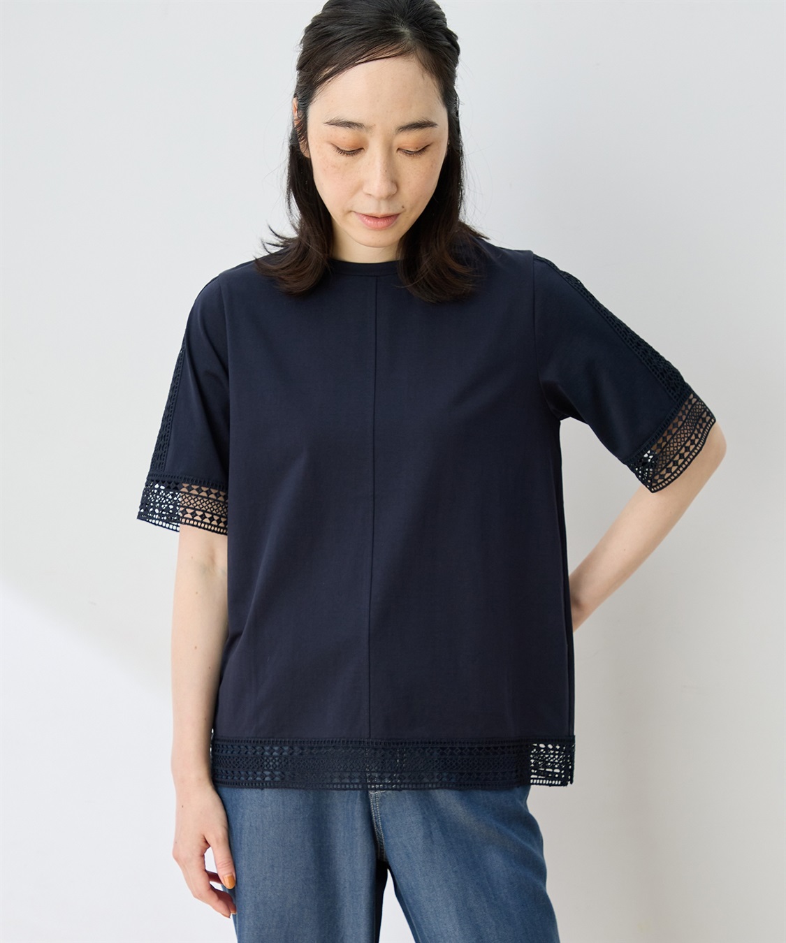 DECOY 【ひやさらコットン】レースドッキングTシャツ【綿100％・接触冷感・UVカット】_variation_3