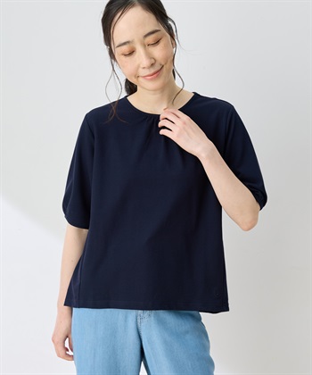 【ひやさらコットン】ギャザーネックカットプルオーバー【綿100％・接触冷感・UVカット】(ネイビー-M)