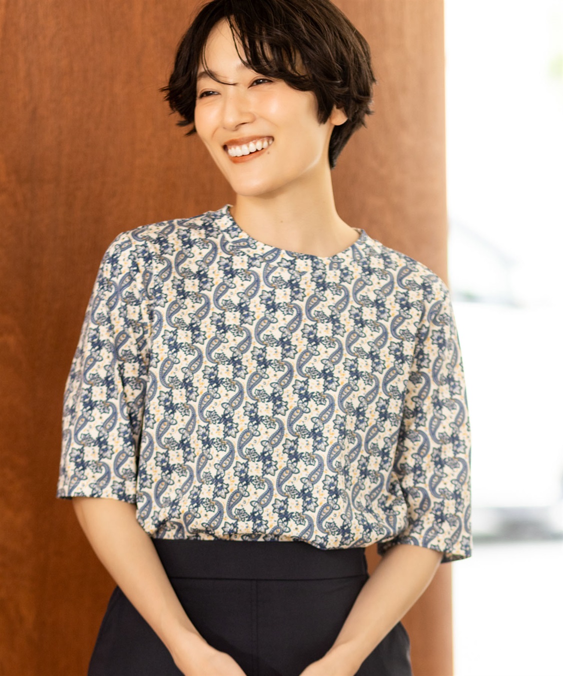 DECOY 【ひやさらコットン】バックタックペイズリープリント5分袖Tシャツ【綿100％・接触冷感・UVカット】_main