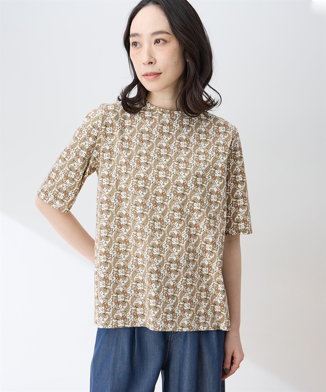 DECOY 【ひやさらコットン】バックタックペイズリープリント5分袖Tシャツ【綿100％・接触冷感・UVカット】_variation_1