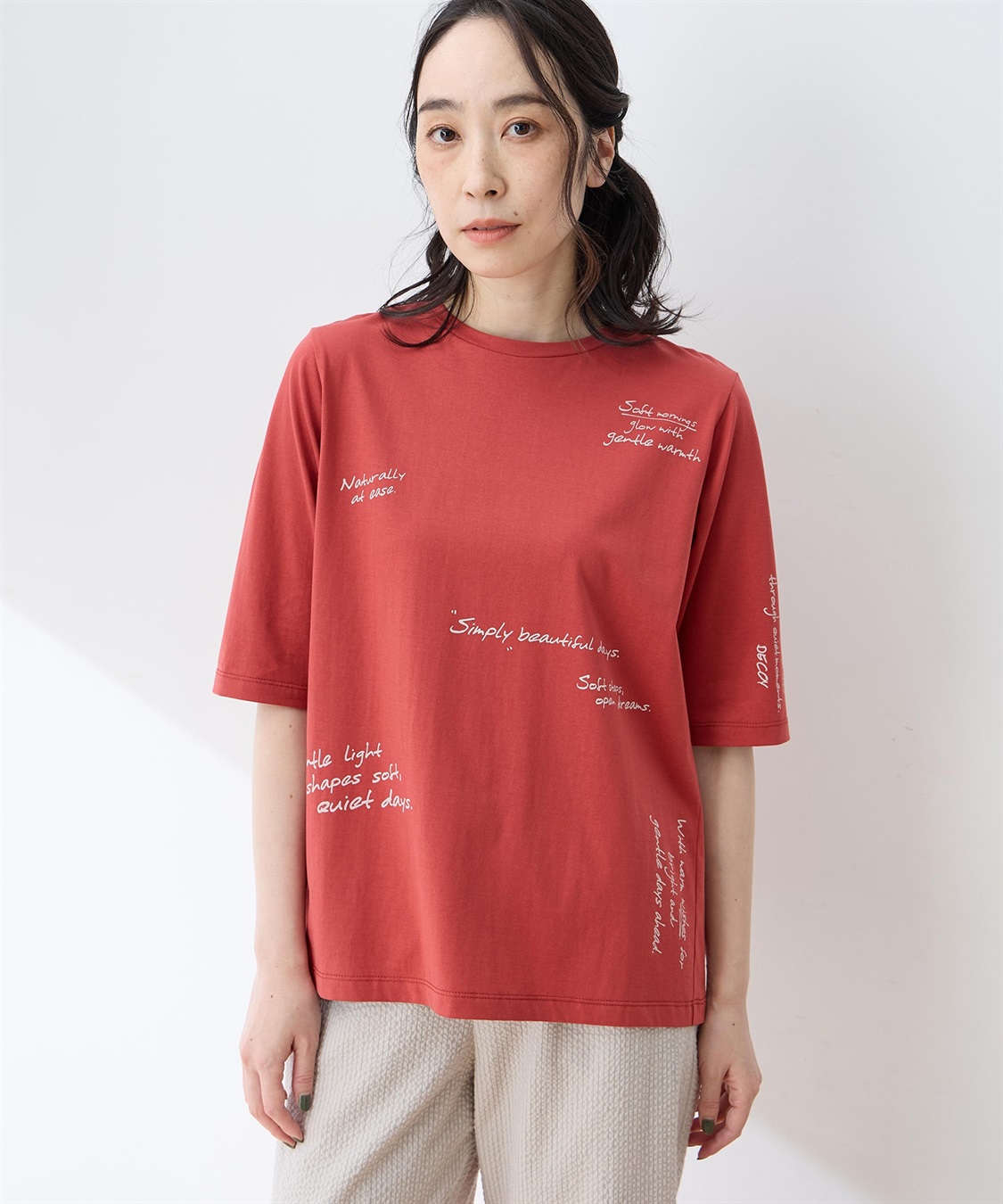 DECOY 【ひやさらコットン】メッセージプリントバックタック6分袖Tシャツ【綿100％・接触冷感・UVカット】_main