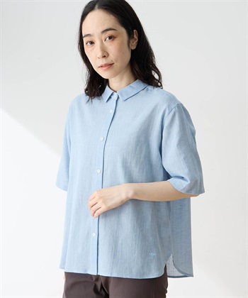 【高島ちぢみ】ハーフスリーブシャツブラウス【汗をかいてもすぐ乾く】(ブルー-9号)