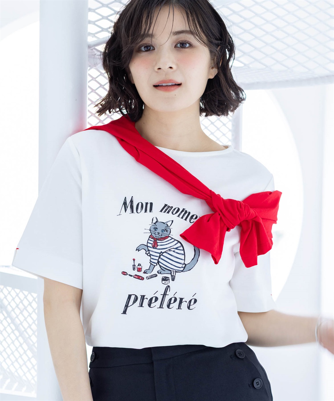 Petit Honfleur 【イラストレーターコラボ】猫プリントTシャツ【接触冷感・UVカット・オーガニックコットンブレンド】_main