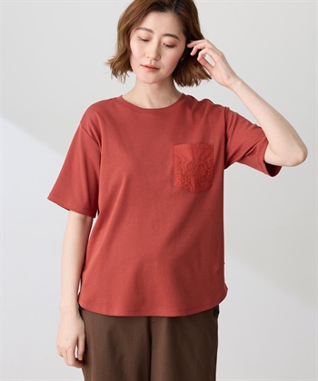 刺しゅうポケットTシャツ【接触冷感・UVカット・オーガニックコットンブレンド】(オレンジ-M)
