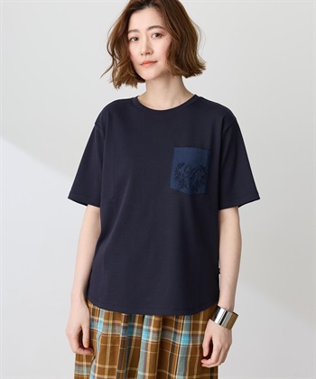 刺しゅうポケットTシャツ【接触冷感・UVカット・オーガニックコットンブレンド】(ネイビー-M)