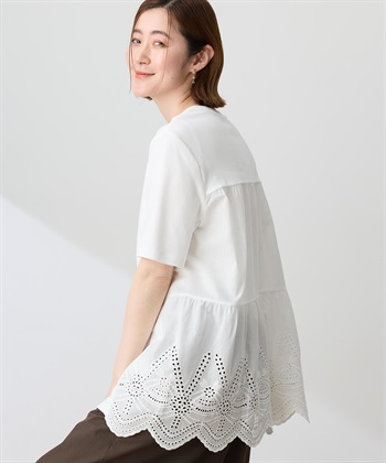 Petit Honfleur バックレースドッキングチュニックTシャツ【接触冷感・UVカット・オーガニックコットンブレンド】