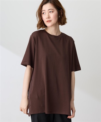バックレースドッキングチュニックTシャツ【接触冷感・UVカット・オーガニックコットンブレンド】(ブラウン-M)