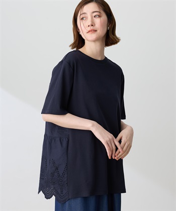 バックレースドッキングチュニックTシャツ【接触冷感・UVカット・オーガニックコットンブレンド】(ネイビー-M)