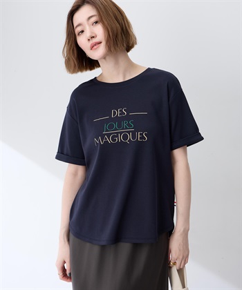 ロゴプリントTシャツ【接触冷感・UVカット・オーガニックコットンブレンド】(ネイビー-M)