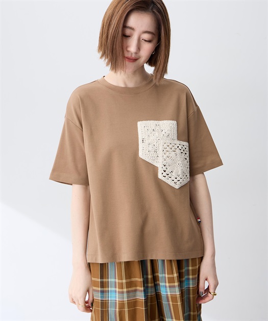 レースモチーフTシャツ【接触冷感・UVカット・オーガニックコットンブレンド】
