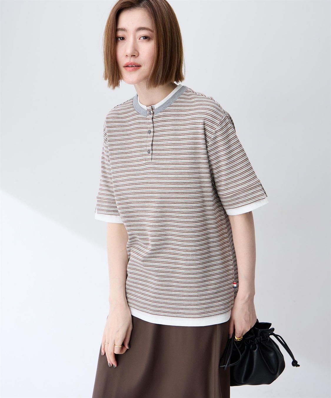 Petit Honfleur レイヤード風ヘンリーネックボーダーTシャツ_main