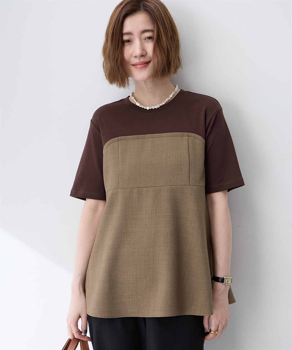 Petit Honfleur ビスチェレイヤード風Tシャツ【接触冷感・UVカット・オーガニックコットンブレンド】_variation_1