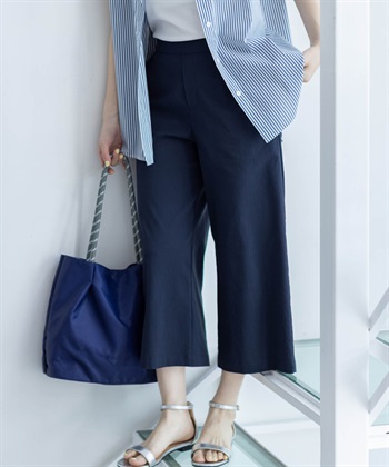 【すご楽シリーズ】リネンミックスストレッチセミワイドパンツ【接触冷感・後ろウエストゴム】(ネイビー-M)