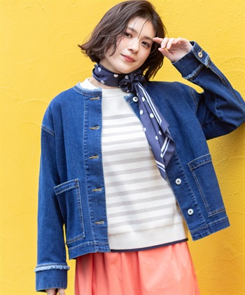 ノーカラーストレッチデニムジャケット