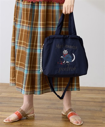 【イラストレーターコラボ】猫刺しゅう2WAYトートバッグ(ネイビー-フリー)