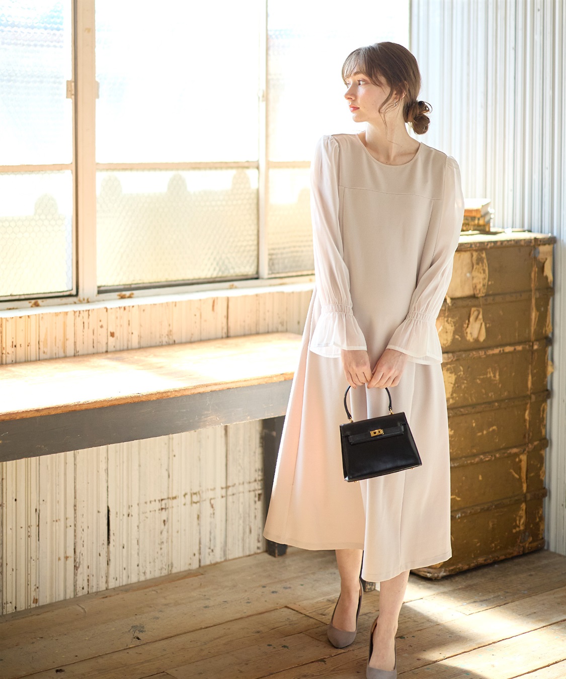 Rosemadame シフォンスリーブ ストレッチジョーゼットワンピース（マタニティ/授乳服）授乳口付き 授乳楽々 妊婦服 産前・産後対応_main