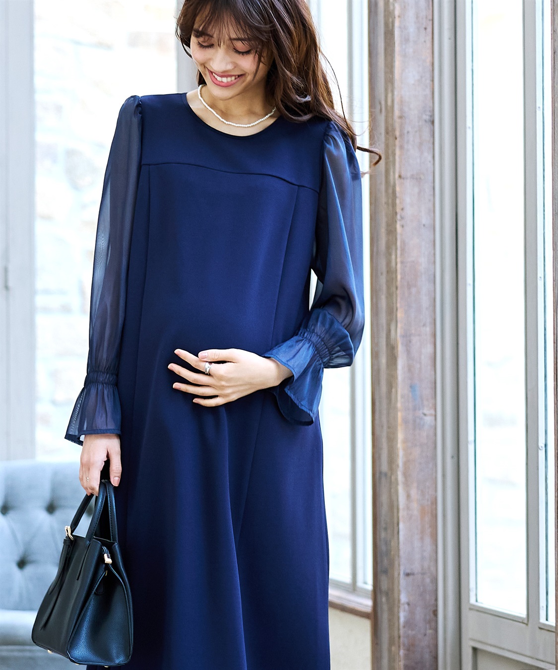 Rosemadame シフォンスリーブ ストレッチジョーゼットワンピース（マタニティ/授乳服）授乳口付き 授乳楽々 妊婦服 産前・産後対応_variation_4
