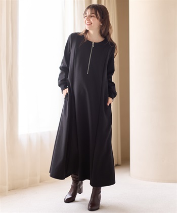 ダンボールフレアワンピース(マタニティ&授乳服）授乳口付き 授乳楽々 妊婦服 産前・産後対応(ブラック-Ｍ)