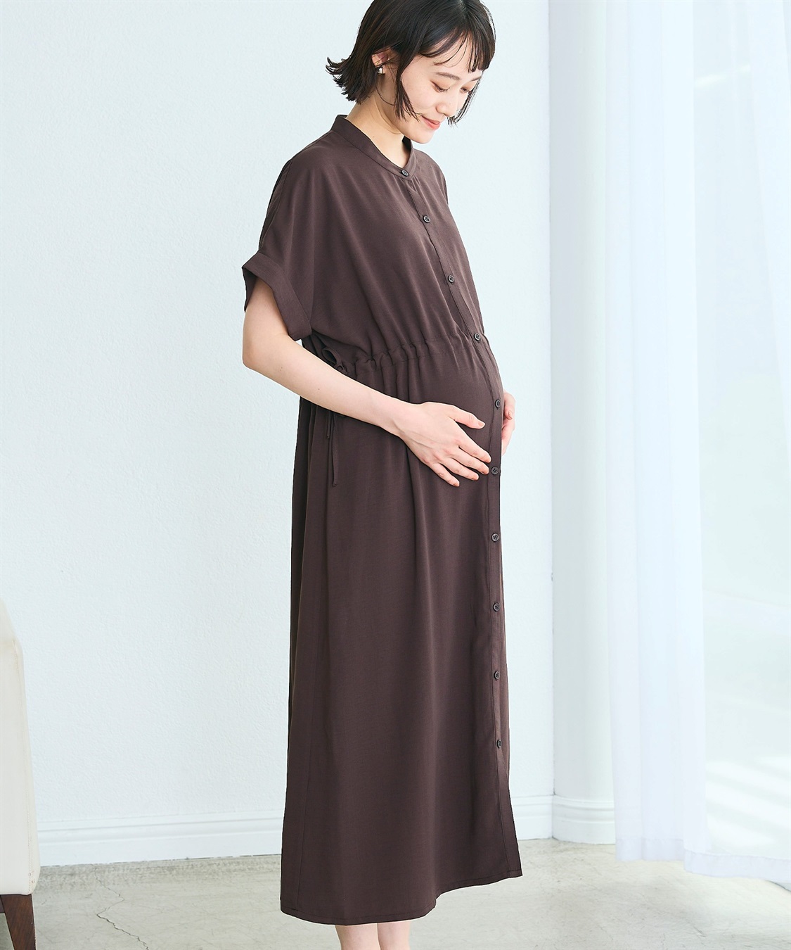 Rosemadame 麻調合繊スキッパ― ドロストシャツワンピース（マタニティ/授乳服）授乳口付き 授乳楽々 妊婦服 産前・産後対応_main