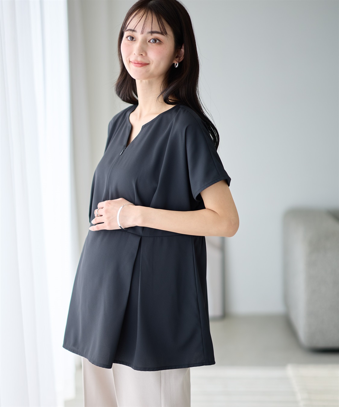 Rosemadame 【 汗染み防止・UVカット】ウエストタック ペプラムブラウス(マタニティ&amp;授乳服）授乳口付き 授乳楽々 妊婦服 産前・産後対応_main
