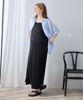 シアーストライプシャツ×ラメリブ ノースリ ワンピース/マタニティワンピース（マタニティ/授乳服）セット 授乳口付き 授乳楽々 妊婦服 産前・産後対応(ブラック-Ｍ)
