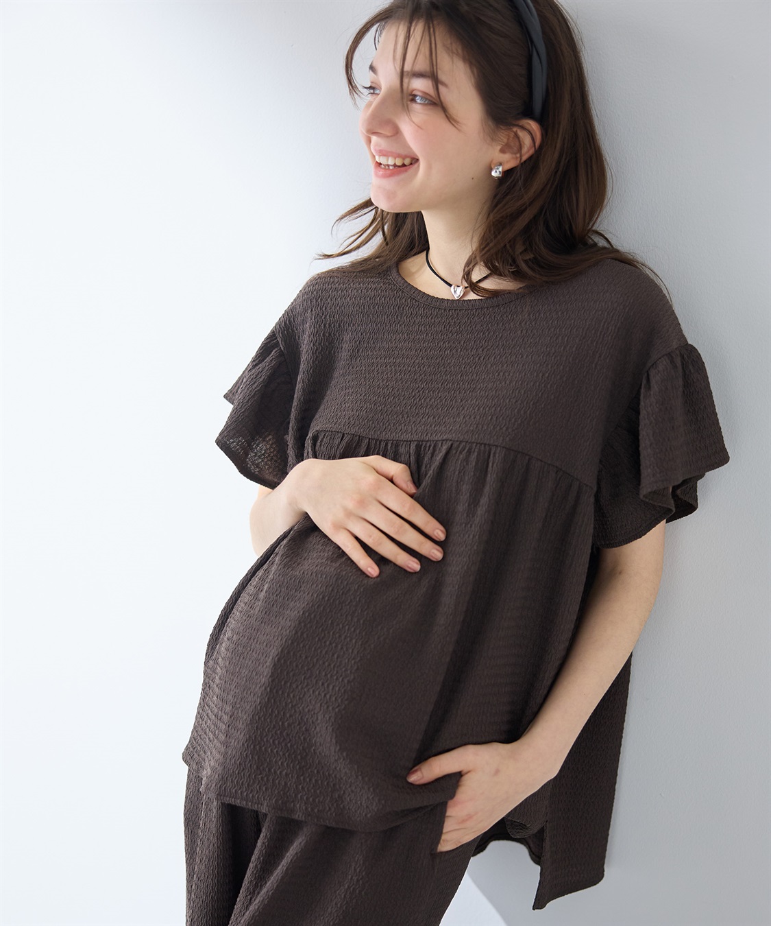Rosemadame 【UVカット】ゆったりフリル袖 カットジャガード マタニティ授乳ブラウス｜まくって授乳OK 産前産後対応（セットアップ対応）_main