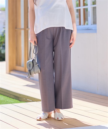 【UVカット】マタニティ ワイドパンツ｜麻調 タック入り ウエスト調整可 産前産後対応(チャコール-Ｍ)