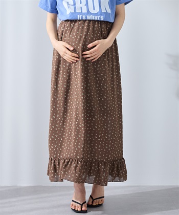 レトロフラワー フリルスカート/マタニティスカート（マタニティ/授乳服) 妊婦服 産前・産後対応(ブラウン-Ｍ)