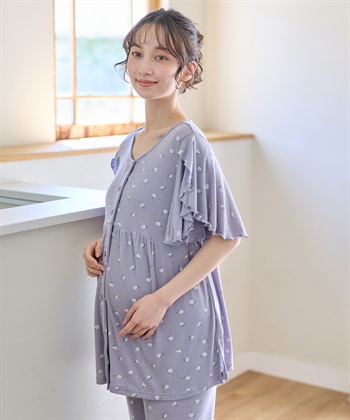 ストレッチリブ小花柄パジャマ(ラベンダー新-Ｍ)