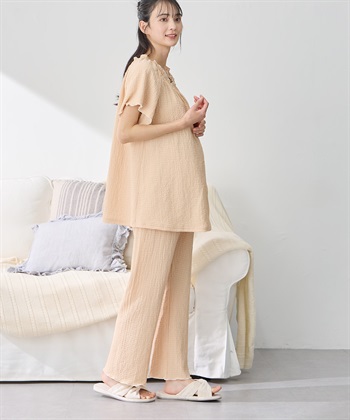 シャーリング ジャガードパジャマ(産前・産後対応 マタニティ＆授乳服 ルームウェア 上下セット)(オレンジ-Ｍ)