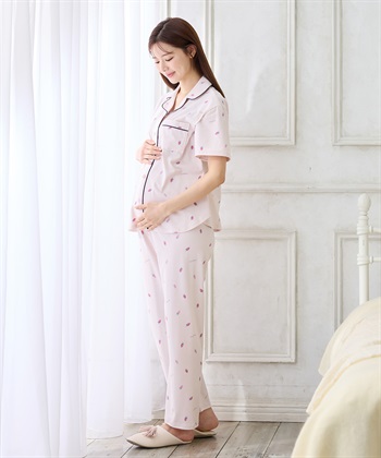 無地・フルーツプリントパジャマ(マタニティ＆授乳服 ルームウェア 上下セット 授乳口付き 授乳楽々 妊婦服 産前・産後対応)(ピンク-Ｍ)
