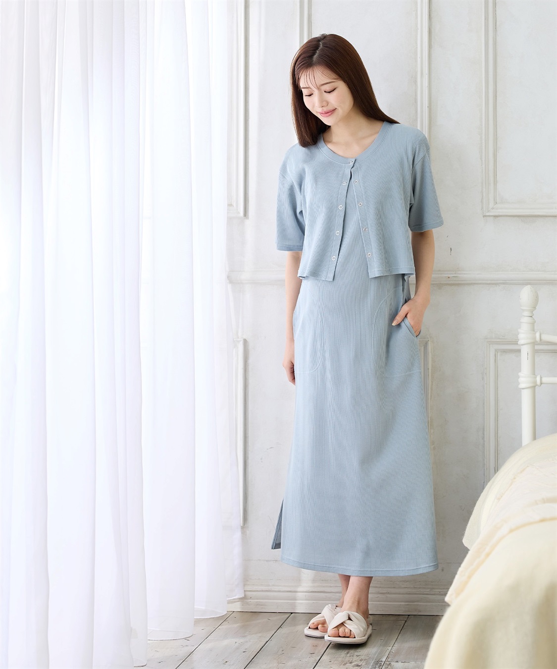 Rosemadame 半袖カーディガンドッキング ワッフルワンピース（マタニティ/授乳服）授乳口付き 授乳楽々 妊婦服 産前・産後対応_main