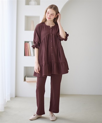 ふくれジャガード マタニティパジャマ （マタニティ/ 妊婦服）授乳楽々 妊婦服 産前・産後対応(ブラウン-Ｍ)