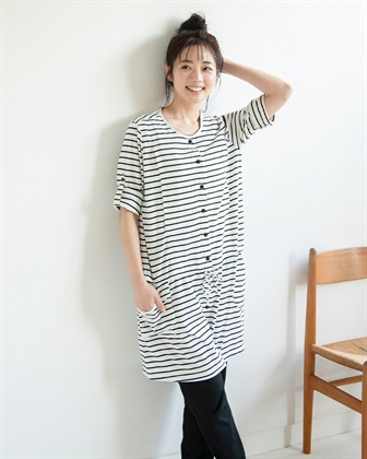 Rosemadame 天竺授乳口付きパジャマ　長袖 ロールアップ 着丈90cm 綿混 シンプル ポケット付き　マタニティパジャマ　maman et bebe(ママンエベベ)（マタニティ/授乳服）入院準備 出産準備 産前 産_variationthumb_3