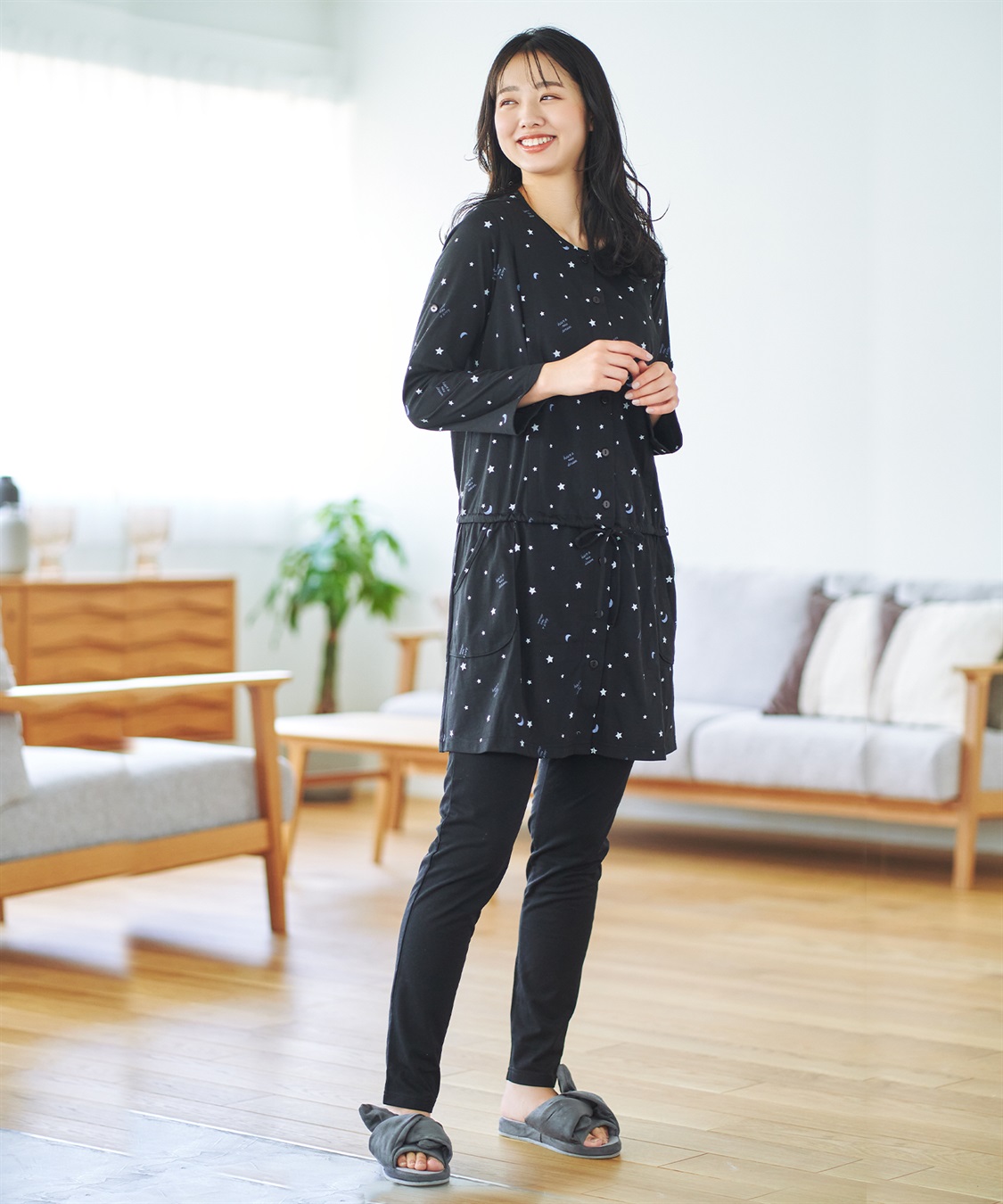 Rosemadame 天竺授乳口付きパジャマ　長袖 ロールアップ 着丈90cm 綿混 シンプル ポケット付き　マタニティパジャマ　maman et bebe(ママンエベベ)（マタニティ/授乳服）入院準備 出産準備 産前 産_variation_9