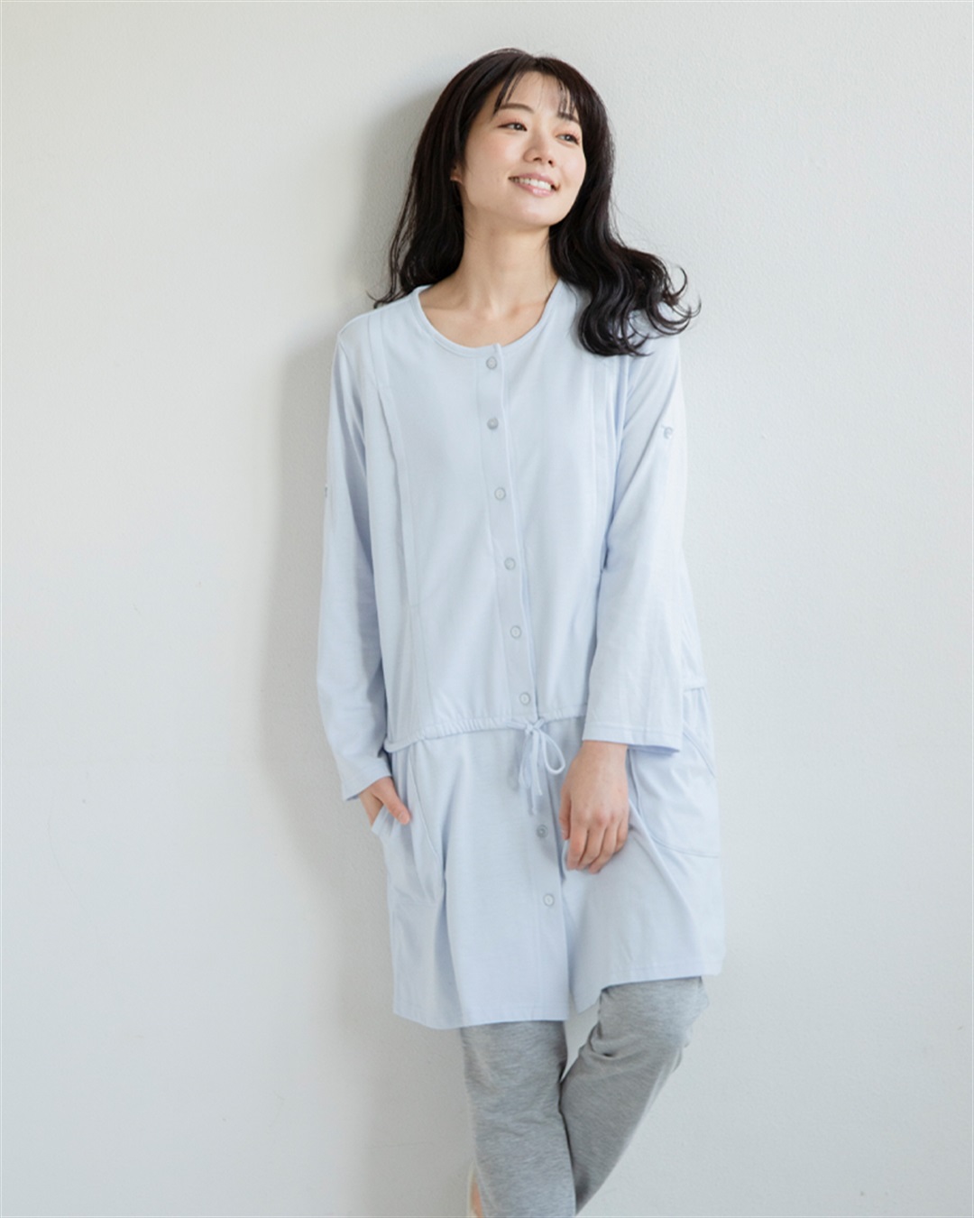 Rosemadame 天竺授乳口付きパジャマ　長袖 ロールアップ 着丈90cm 綿混 シンプル ポケット付き　マタニティパジャマ　maman et bebe(ママンエベベ)（マタニティ/授乳服）入院準備 出産準備 産前 産_variation_4