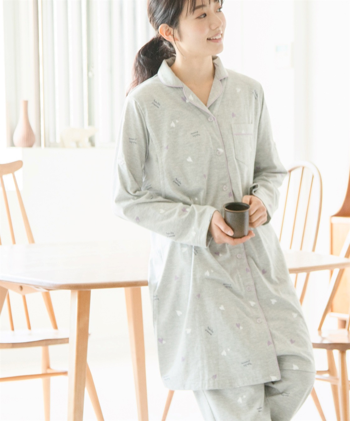 Rosemadame 天竺襟付き授乳口付きパジャマ　長袖 ロールアップ 着丈90cm 綿混 シンプル ポケット付き　マタニティパジャマ　maman et bebe(ママンエベベ)（マタニティ/授乳服）入院準備 出産準備 産_main