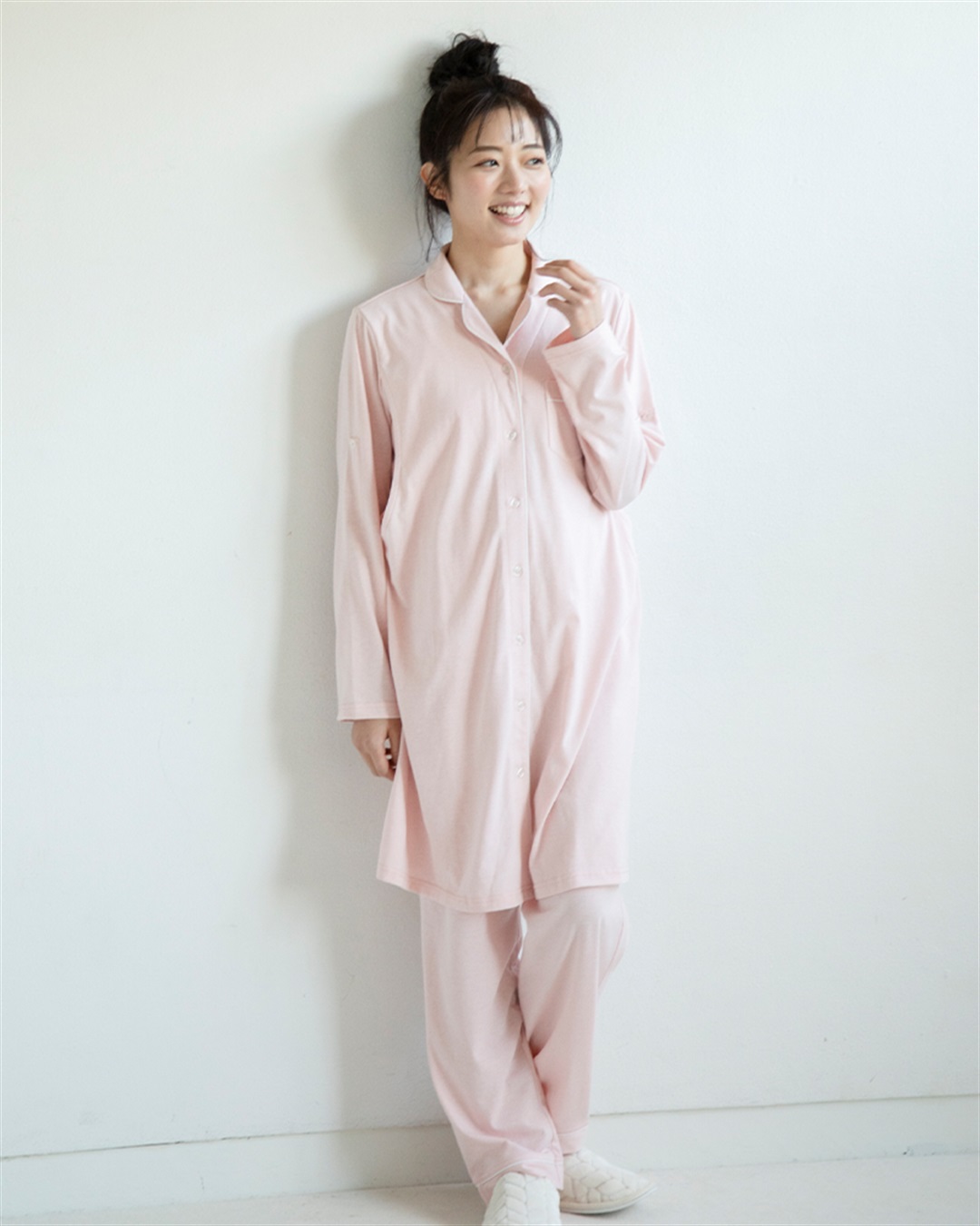 Rosemadame 天竺襟付き授乳口付きパジャマ　長袖 ロールアップ 着丈90cm 綿混 シンプル ポケット付き　マタニティパジャマ　maman et bebe(ママンエベベ)（マタニティ/授乳服）入院準備 出産準備 産_variation_4