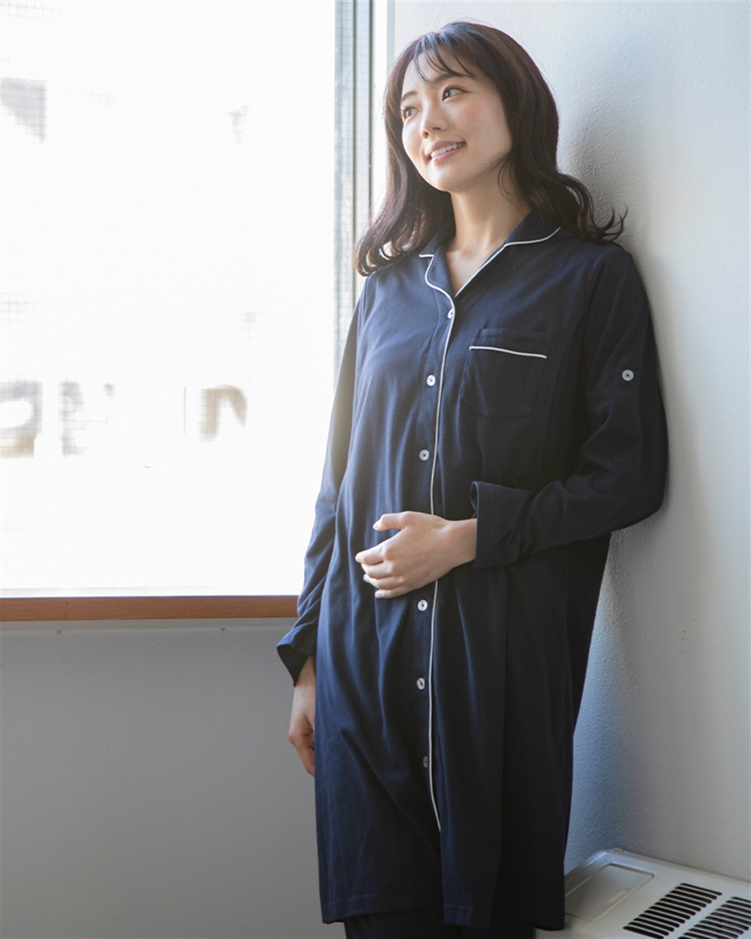 Rosemadame 天竺襟付き授乳口付きパジャマ　長袖 ロールアップ 着丈90cm 綿混 シンプル ポケット付き　マタニティパジャマ　maman et bebe(ママンエベベ)（マタニティ/授乳服）入院準備 出産準備 産_variation_6