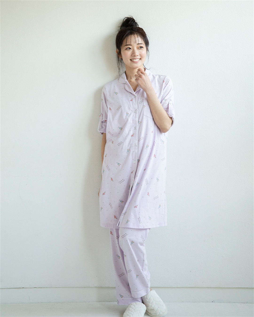 Rosemadame 天竺襟付き授乳口付きパジャマ　長袖 ロールアップ 着丈90cm 綿混 シンプル ポケット付き　マタニティパジャマ　maman et bebe(ママンエベベ)（マタニティ/授乳服）入院準備 出産準備 産_variation_5