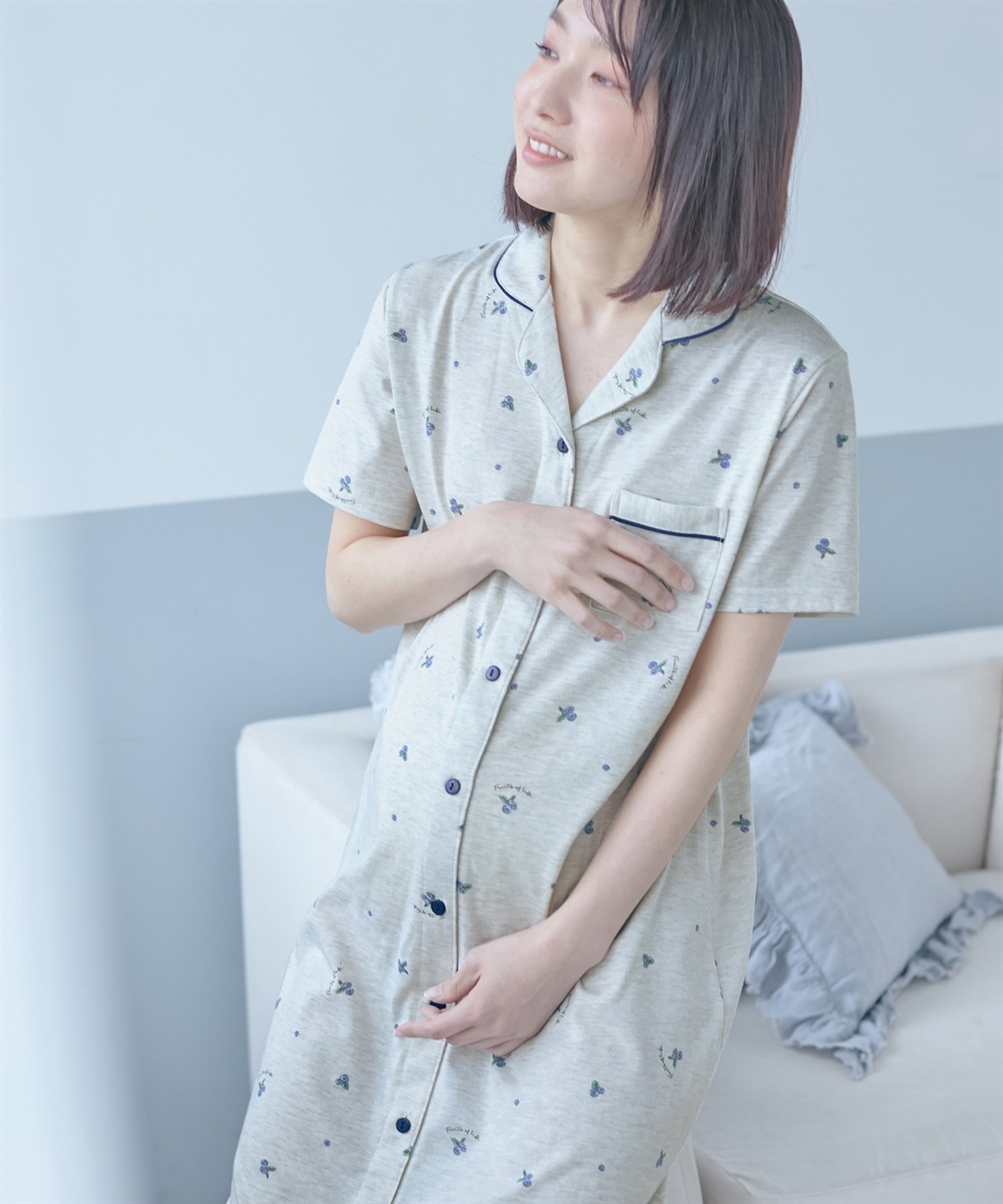 Rosemadame 授乳口付き半袖マタニティパジャマ（ブルーベリー柄）ワンピースタイプ_main