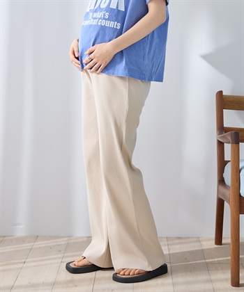 産後にも活躍 セルフカットできるマタニティリブストレートらくちんパンツ（マタニティ）妊婦服 産前・産後対応(アイボリー-M)