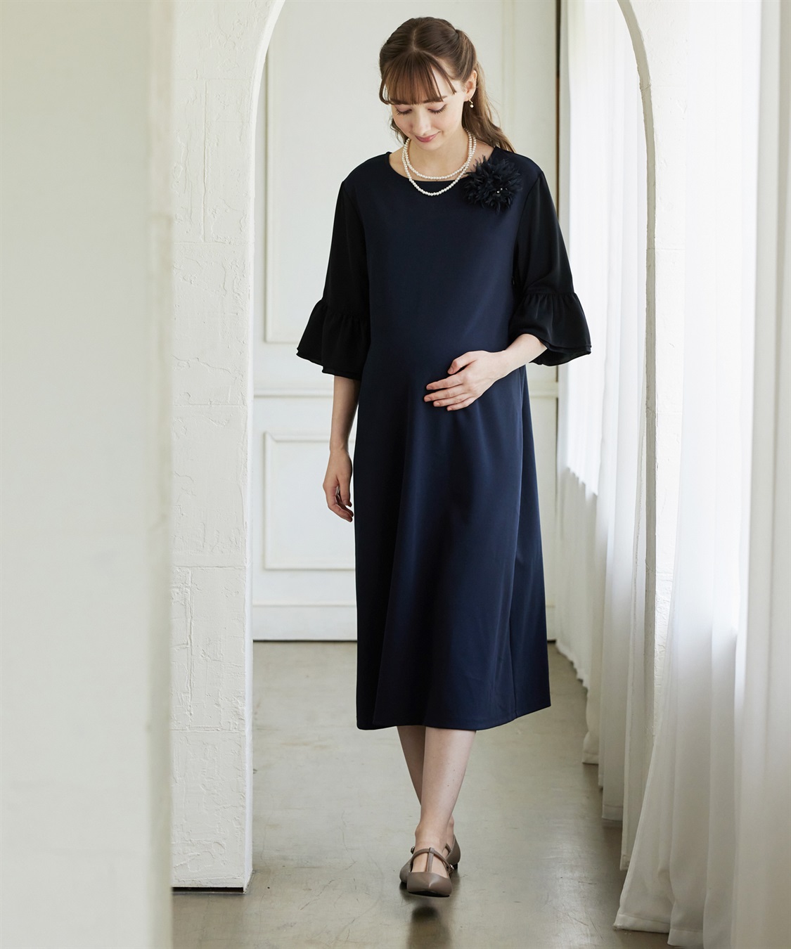 Rosemadame ジョーゼットフレアスリーブ スムースワンピースドレス(マタニティ/妊婦服 産前・産後対応・フォーマルワンピース・オケージョンドレス)_main
