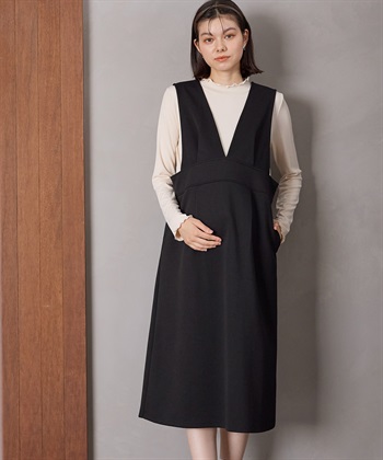 Rosemadame 【セットアイテム】Vネックダンボールワンピース×メロウフリルプチハイネックカットソー ジャンパースカートドレス アンサンブル(マタニティ/授乳服）授乳口付き 授乳楽々 妊婦服 産前・産後対応_variationthumb_1